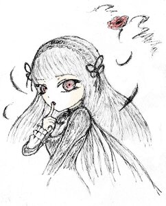 Rating: Safe Score: 0 Tags: 1girl bangs feathers finger_to_mouth hair_ornament image index_finger_raised long_hair looking_at_viewer monochrome red_eyes simple_background solo spot_color suigintou traditional_media upper_body white_background User: admin