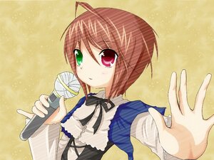 Rating: Safe Score: 0 Tags: 1girl dress green_eyes heterochromia image long_sleeves looking_at_viewer microphone outstretched_arm red_eyes ribbon short_hair solo souseiseki upper_body User: admin
