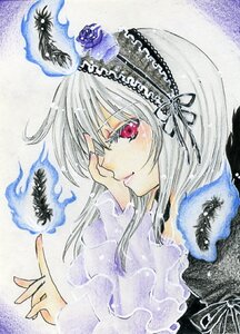 Rating: Safe Score: 0 Tags: 1girl dress flower frills hairband image long_hair looking_at_viewer red_eyes rose silver_hair smile solo suigintou traditional_media User: admin