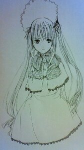 Rating: Safe Score: 0 Tags: 1girl blue_theme capelet dress frills hat image long_hair long_sleeves looking_at_viewer monochrome shinku simple_background solo suigintou traditional_media very_long_hair User: admin