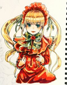 Rating: Safe Score: 0 Tags: 1girl bangs blonde_hair blue_eyes bonnet bow bowtie dress flower green_bow green_neckwear image long_hair long_sleeves looking_at_viewer marker_(medium) red_capelet red_dress red_flower rose shinku sidelocks solo traditional_media twintails very_long_hair User: admin