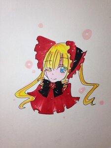 Rating: Safe Score: 0 Tags: 1girl blonde_hair blue_eyes blush bow bowtie dress flower image long_hair one_eye_closed red_dress red_flower rose shinku solo twintails User: admin