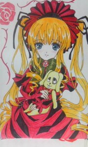 Rating: Safe Score: 0 Tags: 1girl blonde_hair blue_eyes bonnet bow dress drill_hair flower image long_hair long_sleeves looking_at_viewer marker_(medium) photo red_dress rose shinku sidelocks simple_background solo traditional_media twin_drills twintails very_long_hair User: admin