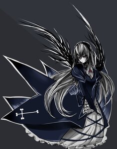 Rating: Safe Score: 0 Tags: 1girl dress image long_hair long_sleeves puffy_sleeves red_eyes simple_background solo suigintou very_long_hair wings User: admin