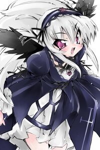Rating: Safe Score: 3 Tags: 1girl black_wings blush dress flower frills hairband image juliet_sleeves lolita_hairband long_hair long_sleeves looking_at_viewer open_mouth pink_eyes puffy_sleeves rose silver_hair solo suigintou torn_clothes white_background wings User: admin