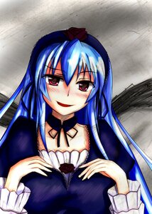 Rating: Safe Score: 0 Tags: 1girl blue_hair blush choker collarbone dress frills hairband hand_on_own_chest hat image long_hair long_sleeves looking_at_viewer open_mouth red_eyes rose smile solo suigintou traditional_media upper_body User: admin