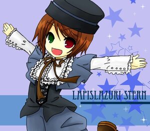 Rating: Safe Score: 0 Tags: 1girl :d brown_hair collar dress frills green_eyes hat heterochromia image long_sleeves looking_at_viewer open_mouth outstretched_arm red_eyes smile solo souseiseki star_(symbol) starry_background User: admin