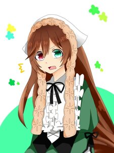 Rating: Safe Score: 0 Tags: 1girl brown_hair dress flower frills green_dress green_eyes head_scarf heterochromia image long_hair long_sleeves open_mouth red_eyes ribbon solo striped striped_background suiseiseki tears vertical_stripes very_long_hair User: admin