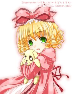 Rating: Safe Score: 0 Tags: 1girl blonde_hair bow dress drill_hair green_eyes hina_ichigo hinaichigo image long_sleeves looking_at_viewer lying pink_bow pink_dress short_hair smile solo stuffed_animal User: admin