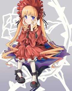 Rating: Safe Score: 0 Tags: 1girl bangs blonde_hair blue_eyes blush bonnet bow dress frills full_body hands_on_own_face image long_hair long_sleeves looking_at_viewer pantyhose red_dress shinku shoes sitting solo twintails very_long_hair white_legwear User: admin