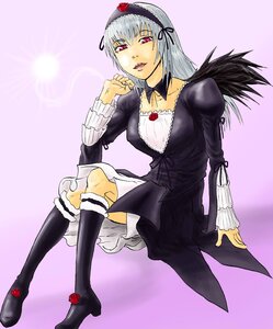 Rating: Safe Score: 0 Tags: 1girl black_wings boots detached_collar doll_joints dress flower frilled_sleeves frills full_body gradient gradient_background hairband image knee_boots kneehighs long_hair long_sleeves looking_at_viewer open_mouth pink_eyes puffy_sleeves rose silver_hair sitting solo suigintou wings User: admin