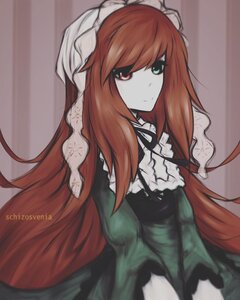 Rating: Safe Score: 0 Tags: 1girl dress frills gothic_lolita green_dress green_eyes heterochromia image lolita_fashion long_hair long_sleeves looking_at_viewer ribbon smile solo suiseiseki very_long_hair User: admin