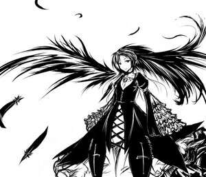 Rating: Safe Score: 0 Tags: 1girl bird black_feathers dress feathers flower greyscale hairband image long_hair long_sleeves monochrome solo standing suigintou very_long_hair white_background wings User: admin