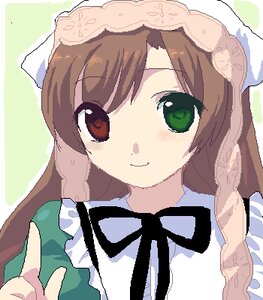 Rating: Safe Score: 0 Tags: 1girl bangs blush bow braid brown_hair closed_mouth dress green_background green_eyes hat head_scarf image long_hair looking_at_viewer oekaki ribbon smile solo suiseiseki User: admin