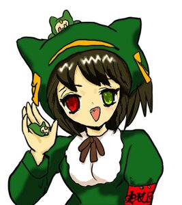 Rating: Safe Score: 0 Tags: 1girl :d brown_hair dress fang green_dress green_eyes hat image long_sleeves open_mouth puffy_sleeves red_eyes simple_background smile solo suiseiseki upper_body white_background User: admin