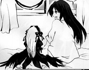 Rating: Safe Score: 0 Tags: 2girls blush dress greyscale hairband image kakizaki_megu lolita_hairband long_hair long_sleeves monochrome multiple_girls solo suigintou wings User: admin