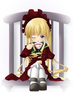 Rating: Safe Score: 0 Tags: 1girl blonde_hair blue_eyes blush bonnet bow dress image long_hair long_sleeves one_eye_closed pantyhose red_dress shinku sitting solo underwear very_long_hair User: admin