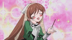 Rating: Safe Score: 0 Tags: 1girl :d apron bangs brown_hair closed_eyes dress frills green_dress image long_hair long_sleeves open_mouth smile solo suiseiseki User: admin