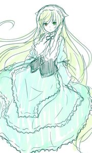 Rating: Safe Score: 0 Tags: 1girl dress frills green_eyes image long_hair long_sleeves looking_at_viewer ribbon solo suiseiseki very_long_hair User: admin