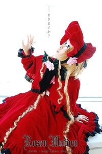 Rating: Safe Score: 0 Tags: 1girl blonde_hair blue_eyes bonnet bow dress frills lace long_sleeves profile red_dress ribbon shinku solo User: admin