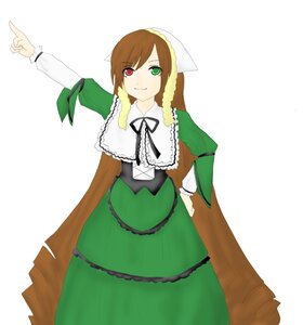 Rating: Safe Score: 0 Tags: 1girl brown_hair dress frills green_dress green_eyes hand_on_hip heterochromia image long_hair long_sleeves looking_at_viewer red_eyes simple_background smile solo standing suiseiseki very_long_hair white_background User: admin