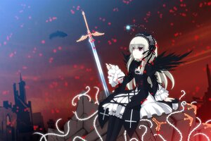 Rating: Safe Score: 0 Tags: 1girl bad_id bad_pixiv_id black_wings dress embers feathers flower frills hairband highres holding_weapon image lolita_fashion long_hair long_sleeves looking_up photoshop_(medium) red_eyes ribbon rose rozen_maiden silver_hair sitting solo standing suigintou sword uiu very_long_hair weapon wings User: admin