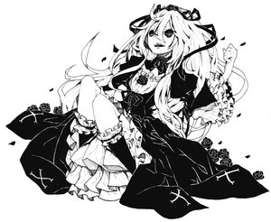 Rating: Safe Score: 0 Tags: 1girl dress flower greyscale image long_hair long_sleeves monochrome open_mouth petals ribbon rose smile solo striped suigintou User: admin