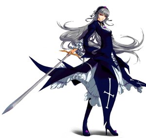 Rating: Safe Score: 0 Tags: 1girl dress flower frilled_sleeves frills full_body hairband high_heel_boots high_heels holding holding_sword holding_weapon image long_hair long_sleeves looking_at_viewer red_eyes rose solo standing suigintou sword very_long_hair weapon white_background User: admin