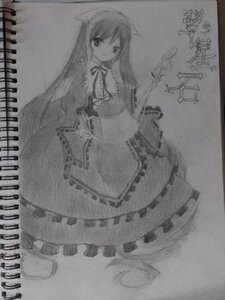 Rating: Safe Score: 0 Tags: 1girl dress frills full_body greyscale image long_hair long_sleeves looking_at_viewer monochrome photo ribbon solo standing suiseiseki traditional_media very_long_hair User: admin