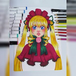 Rating: Safe Score: 0 Tags: 1girl blonde_hair blue_eyes bonnet bow bowtie capelet drill_hair flower green_bow image lips long_hair looking_at_viewer marker_(medium) photo pink_flower pink_rose rose shinku simple_background solo traditional_media twintails User: admin