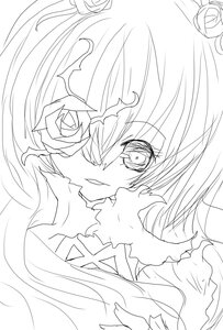 Rating: Safe Score: 0 Tags: 1girl flower greyscale hair_ornament image kirakishou lineart long_hair looking_at_viewer monochrome rose smile solo white_background User: admin