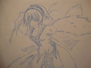 Rating: Safe Score: 0 Tags: 1girl auto_tagged cowboy_shot dress frills hairband image long_hair long_sleeves monochrome simple_background smile solo suigintou traditional_media wings User: admin