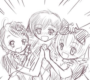 Rating: Safe Score: 0 Tags: 2girls :d blush image monochrome multiple multiple_girls open_mouth short_hair simple_background sketch smile tagme white_background User: admin