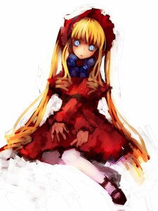 Rating: Safe Score: 0 Tags: 1girl blonde_hair blue_eyes bonnet bow bowtie dress flower full_body image long_hair long_sleeves looking_at_viewer red_dress rose shinku shoes simple_background sitting solo twintails very_long_hair white_background User: admin