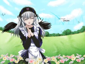 Rating: Safe Score: 0 Tags: 1girl :d apron black_dress black_wings blue_sky closed_eyes cloud day dress field flower flower_field grass hairband image long_hair long_sleeves open_mouth outdoors own_hands_together ribbon silver_hair sky smile solo suigintou wings User: admin