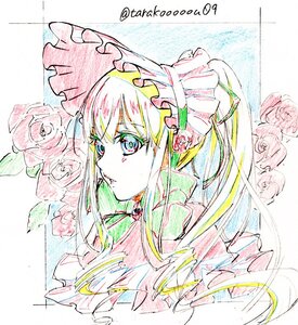Rating: Safe Score: 0 Tags: 1girl bangs closed_mouth eyebrows_visible_through_hair flower image long_hair looking_at_viewer pink_flower rose shinku solo traditional_media twitter_username User: admin