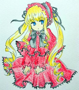 Rating: Safe Score: 0 Tags: 1girl blonde_hair blue_background blue_eyes bow bowtie capelet cowboy_shot dress drill_hair flower frills image long_hair long_sleeves looking_at_viewer pink_flower pink_rose red_dress rose shinku sidelocks solo traditional_media twin_drills twintails User: admin