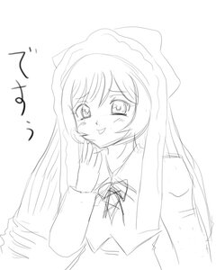 Rating: Safe Score: 0 Tags: 1girl blush eyebrows_visible_through_hair image long_hair long_sleeves monochrome simple_background sketch smile solo striped suiseiseki upper_body vertical_stripes white_background User: admin