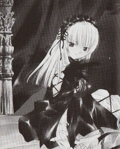 Rating: Safe Score: 0 Tags: 1girl dress frills greyscale hairband image lolita_hairband long_hair long_sleeves looking_at_viewer looking_back monochrome smile solo suigintou traditional_media wings User: admin