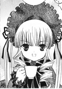 Rating: Safe Score: 0 Tags: 1girl :d blush bonnet cup dress drill_hair greyscale holding holding_cup image long_hair long_sleeves looking_at_viewer monochrome open_mouth saucer shinku simple_background smile solo tea teacup traditional_media upper_body User: admin