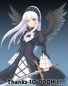 Rating: Safe Score: 0 Tags: 1girl black_wings dress feathered_wings frills gradient gradient_background hairband holding image long_hair long_sleeves looking_at_viewer puffy_sleeves ribbon silver_hair solo suigintou weapon wings User: admin