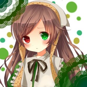 Rating: Safe Score: 0 Tags: 1girl bangs blush brown_hair dress eyebrows_visible_through_hair frills green_eyes halftone halftone_background head_scarf heterochromia image long_hair looking_at_viewer neck_ribbon polka_dot polka_dot_background red_eyes ribbon solo suiseiseki upper_body User: admin