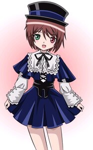 Rating: Safe Score: 0 Tags: 1girl :d blue_dress blush brown_hair capelet cowboy_shot dress frills gradient gradient_background green_eyes hat heterochromia image long_sleeves looking_at_viewer open_mouth red_eyes ribbon short_hair smile solo souseiseki top_hat User: admin