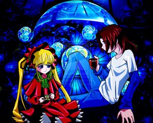 Rating: Safe Score: 0 Tags: 1boy 1girl blonde_hair blue_eyes bow cup dress flower image long_hair long_sleeves pair red_dress red_eyes ribbon rose shinku sitting souseiseki teacup twintails User: admin