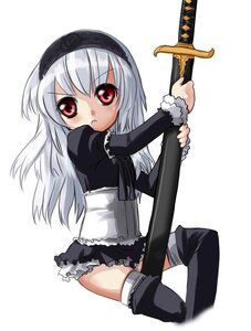 Rating: Safe Score: 0 Tags: 1girl black_dress black_legwear blush dress frills hairband holding_weapon image katana long_hair long_sleeves looking_at_viewer red_eyes sheath simple_background sitting solo suigintou sword thighhighs weapon white_background User: admin