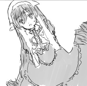 Rating: Safe Score: 0 Tags: 1girl blush dress frills greyscale image long_hair long_sleeves looking_at_viewer monochrome oekaki open_mouth simple_background solo suiseiseki white_background User: admin
