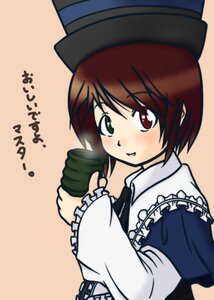 Rating: Safe Score: 0 Tags: 1girl blush brown_hair cup frills green_eyes hat heterochromia image long_sleeves looking_at_viewer red_eyes short_hair simple_background smile solo souseiseki upper_body User: admin