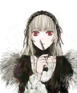 Rating: Safe Score: 0 Tags: 1girl bangs closed_mouth dress fur_trim hairband holding image long_hair long_sleeves looking_at_viewer red_eyes silver_hair simple_background solo suigintou upper_body white_background User: admin