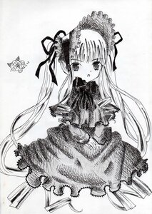 Rating: Safe Score: 0 Tags: 1girl blush capelet dress greyscale image long_hair long_sleeves looking_at_viewer monochrome ribbon shinku solo twintails very_long_hair User: admin