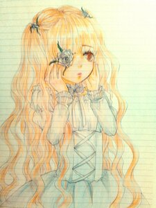 Rating: Safe Score: 0 Tags: 1girl blonde_hair flower image kirakishou long_hair long_sleeves looking_at_viewer red_eyes rose simple_background solo traditional_media very_long_hair watercolor_(medium) User: admin